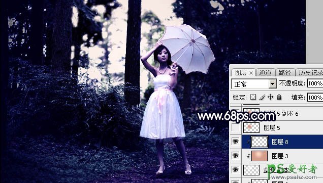 Photoshop给绿色树林中自拍的美女风光照片调出暗夜霞光色调