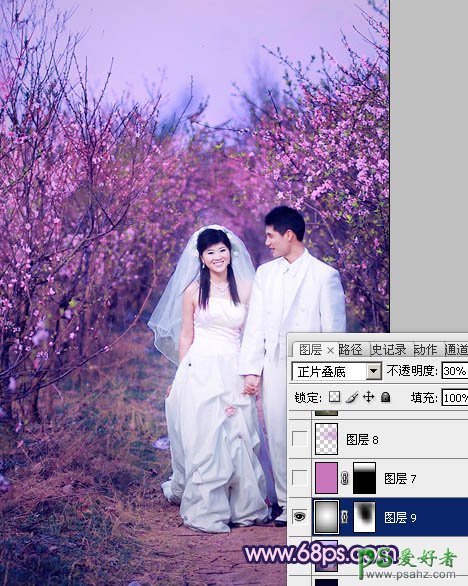 photoshop给春日桃花林里的情侣婚片调出艳丽的桃红色