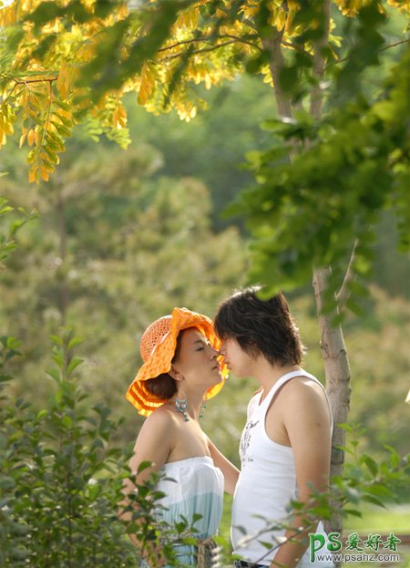 photoshop给情林里的情侣婚纱照调出甜蜜的粉黄色