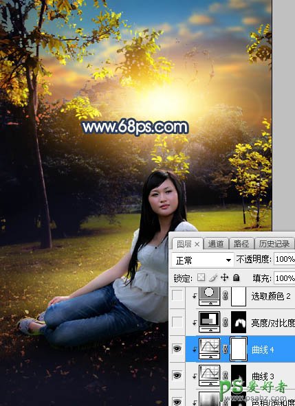 Photoshop给公园树林中等着约会的女生写真照调出温暖的霞光色