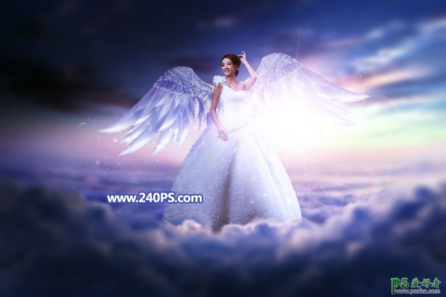 PS创意合成云端上的婚纱照美女，云端的梦幻蓝色天使少女图片