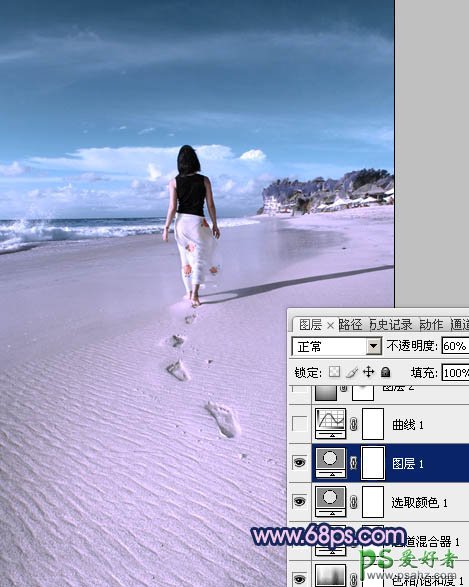 photoshop给一幅沙滩上美女走光图调出漂亮的淡蓝色
