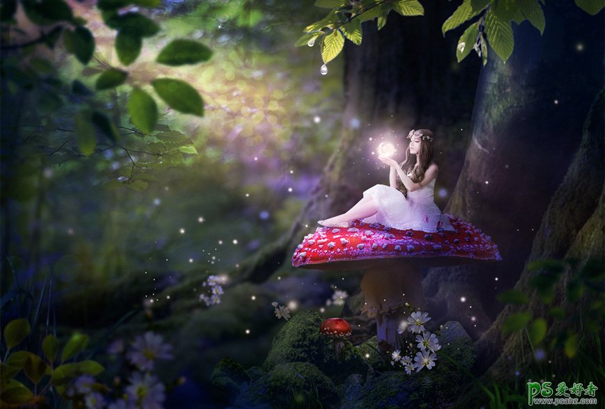 Photoshop创意合密林仙境中的天使少女，坐在蘑菇上的魔法精灵少