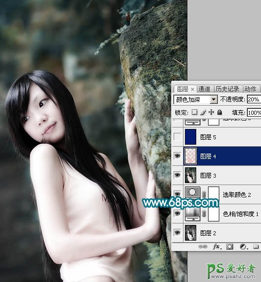 photoshop调出暗灰青色调美体少女写真照