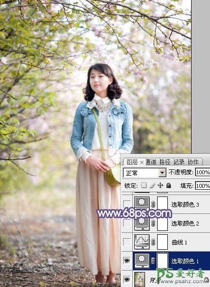 photoshop给春日花景中的青春少女艺术照调出梦幻的粉紫色