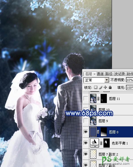 PS调色教程：给树林中的情侣婚片写真调出纯蓝艺术效果