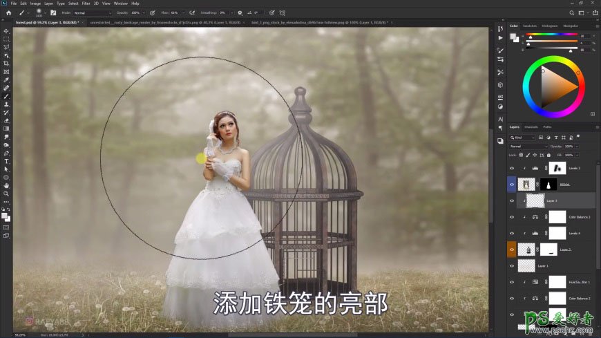 Photoshop创意合成森系婚纱照美女与巨型鸟笼在森林中的秘境场景