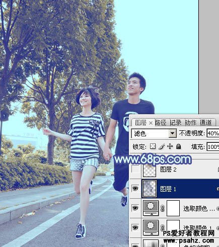 PS韩系风格调色教程：给街景上漫步的情侣图片调出韩系蓝色调