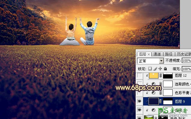 PS图片调色：利用素材给草地上的唯美情侣图片调出灿烂的秋季晨曦