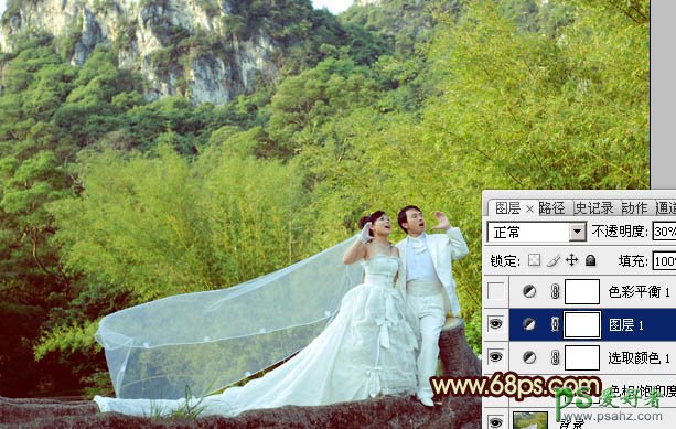 photoshop调出粉嫩的黄绿色情侣婚纱写真照