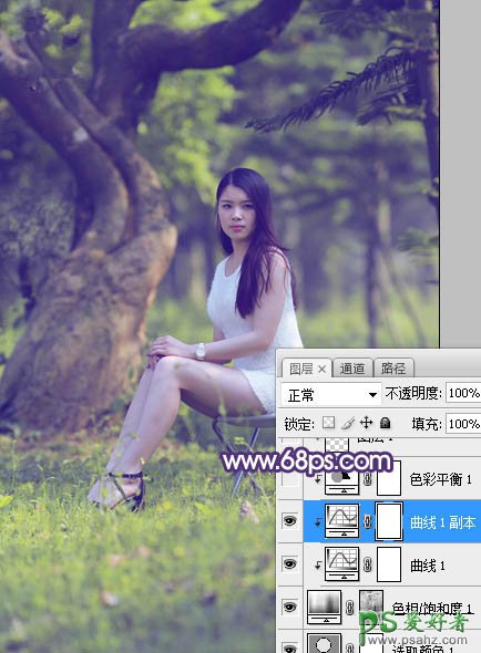 Photoshop给外景长腿美女个人艺术照摄影图片调出小清新蓝黄色