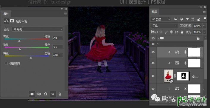 PS照片合成实例：创意打造漂亮的桥边姑娘穿着红衣跳舞的场景。