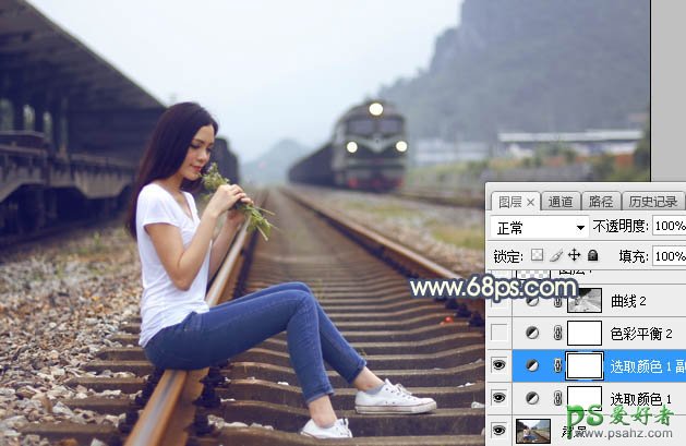 Photoshop给铁轨上外拍的可爱女生性感照片调出意境般的晨曦色