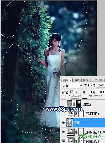 Photoshop婚片调色：给树林中私拍漂亮女女婚纱照调出唯美的青蓝