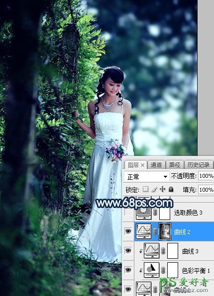 Photoshop婚片调色：给树林中私拍漂亮女女婚纱照调出唯美的青蓝