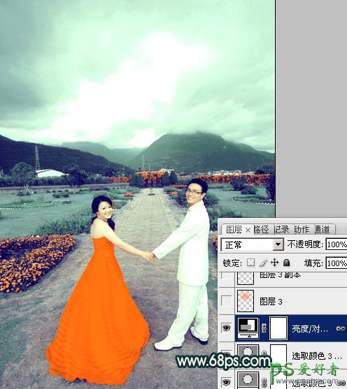 photoshop调出经典的青色效果情侣婚片艺术照