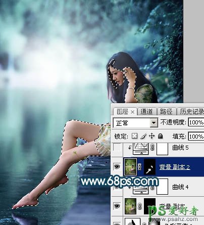 Photoshop给清纯玉腿美脚女神艺术写真图片调出梦幻唯美的青绿色