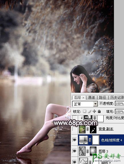 PS美女图片调色：给湖边自拍的玉腿美足清纯少女写真照调出梦幻色