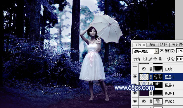 Photoshop给森系唯美少女写真照调出梦幻的暗蓝色效果