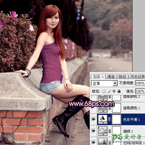 Photoshop给景区里性感的美女照片调出温暖的紫黄色-高对比晨曦色