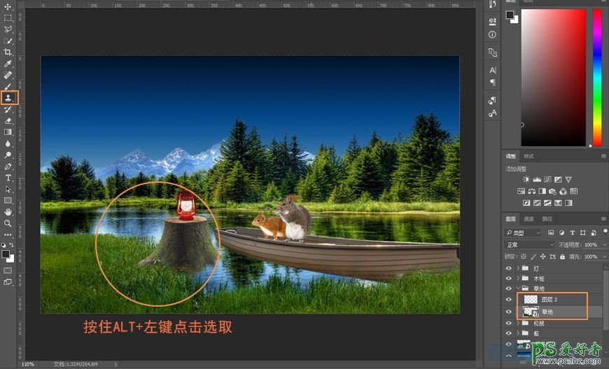 photoshop合成暗夜里油灯灯光下森林小动物聚会的梦幻场景。