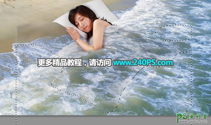 PhotOshop合成睡在沙滩上的少女场景，用浪花当被子熟睡的女子。