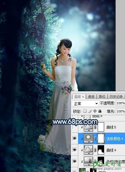 Photoshop婚片调色：给树林中私拍漂亮女女婚纱照调出唯美的青蓝