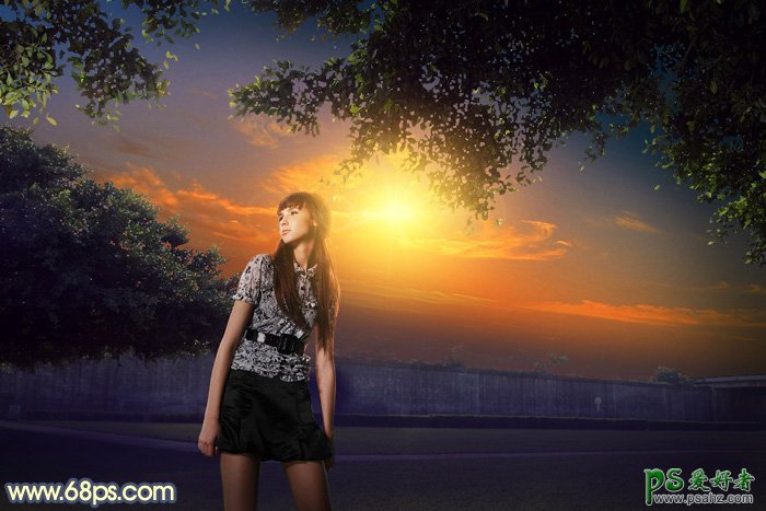 Photoshop给球场草坪中的超短裙女生照片制作出唯美绚丽的霞光色