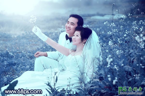 PS调色教程：给梦幻的情侣婚片调出蓝青色效果