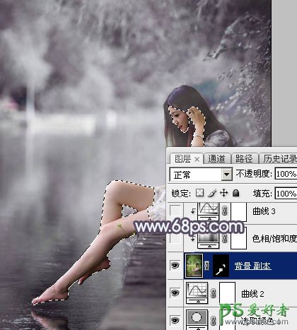 PS美少女艺术照调色实例：给清纯的湖景少女图片调出高雅灰色调