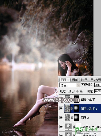 PS美女图片调色实例：给公园水边自拍的美女照片调出唯美的红褐色