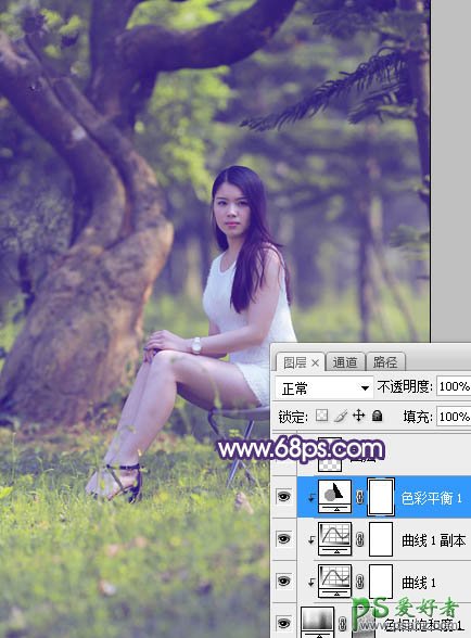 Photoshop给外景长腿美女个人艺术照摄影图片调出小清新蓝黄色