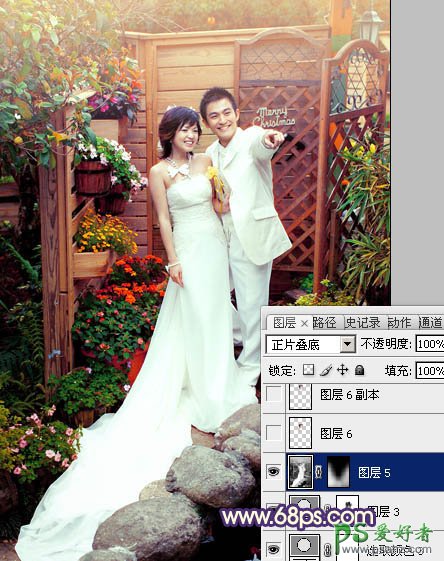 photoshop调出甜美的暖红色园林情侣婚片