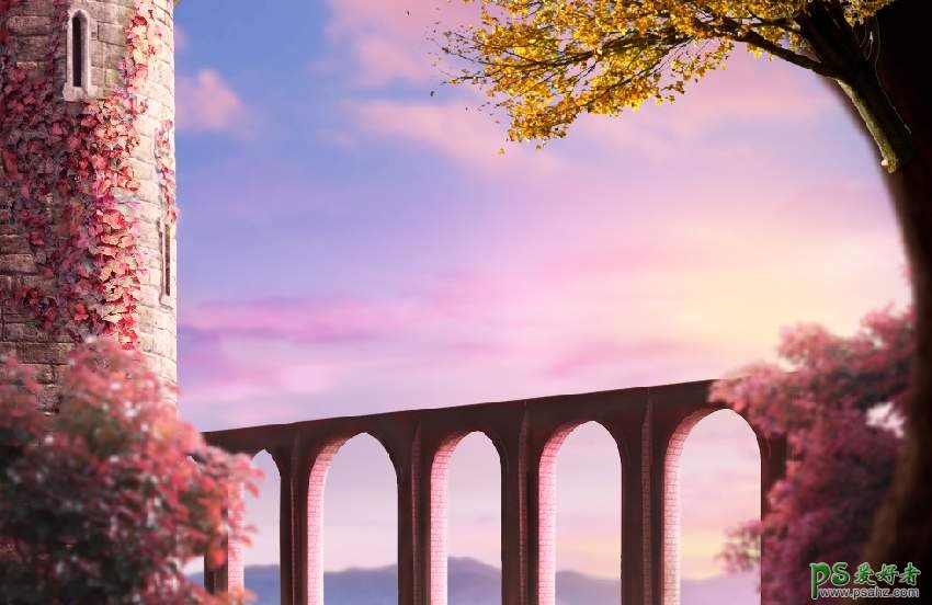 Photoshop创意合成唯美的古城堡风景图片，唯美秋季景色城堡图片