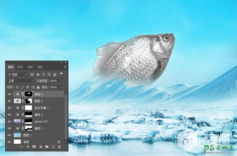 PS合成教程：创意打造从冰层中跃出的大鲫鱼特效图片，跳出冷冻鱼