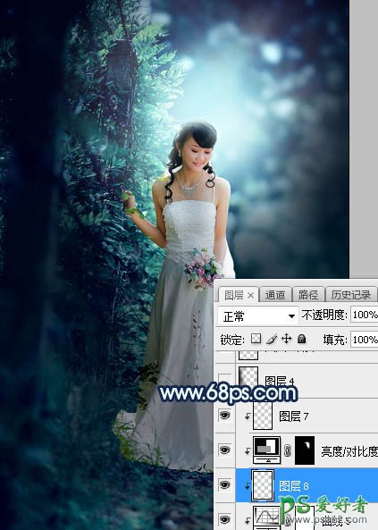 Photoshop婚片调色：给树林中私拍漂亮女女婚纱照调出唯美的青蓝