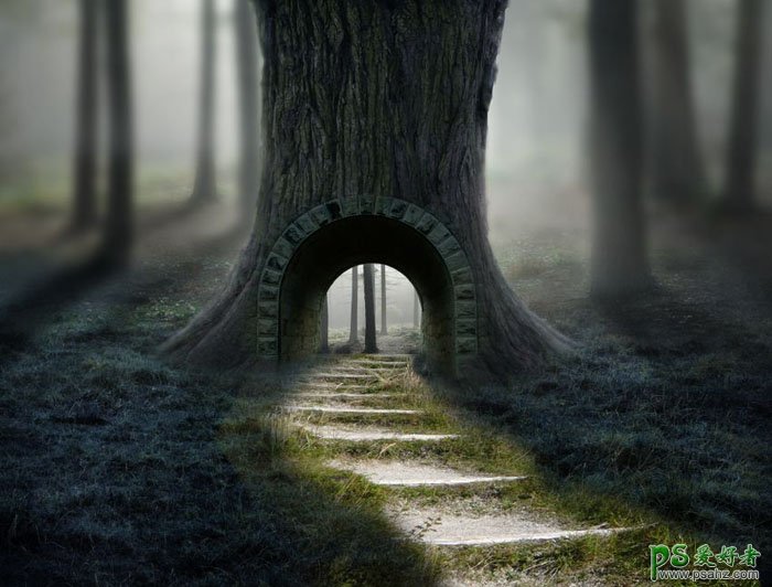 Photoshop创意合成小女孩儿走进奇幻森林树屋的场景,梦幻的森林效