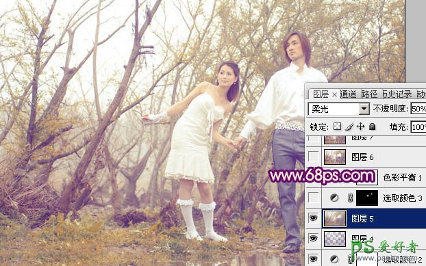 photoshop调出橙黄色效果树林情侣婚纱艺术照教程