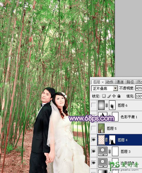 photoshop调出蓝紫色竹林里的情侣婚片