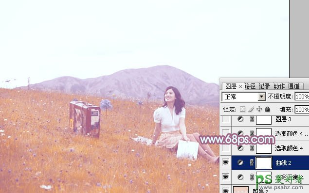 photoshop给草地上的美女图片调出淡淡的蓝红色