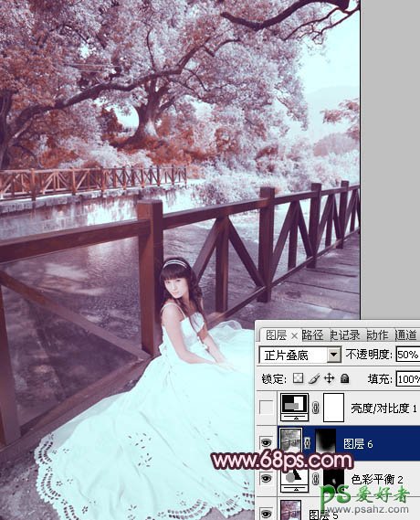 photoshop调出河边梦幻少女婚片个性紫色效果