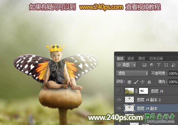 PS婴儿照片合成教程：创意打造可爱婴儿坐在蘑菇上的小天使形象图