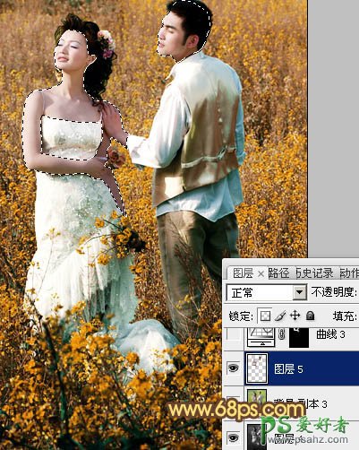 PS调色教程：给油菜花地里的情侣婚片调出金色效果