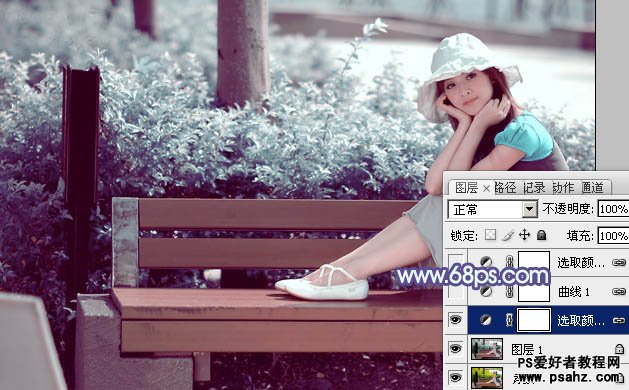 PS调色教程：给公园里唯美的少女图片调出淡调青紫色