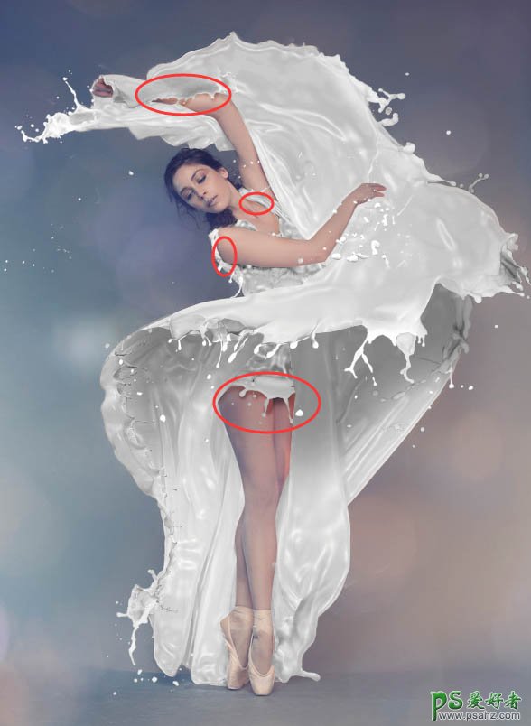 Photoshop给芭蕾舞美女合成飞洒效果的牛奶裙子，喷溅牛奶裙子。