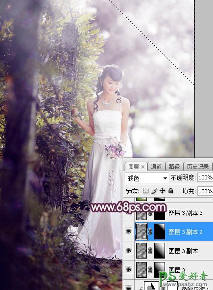 Photoshop给树林中拍摄的清新美女婚纱艺术照调出唯美的淡紫色