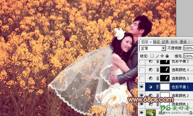 photoshop给一对甜蜜蜜的情侣婚片调出漂亮的橙紫色