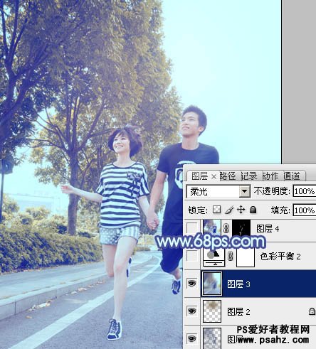 PS韩系风格调色教程：给街景上漫步的情侣图片调出韩系蓝色调