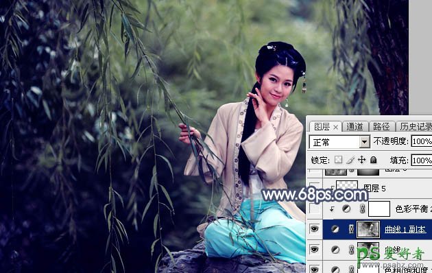 Photoshop给古装性感美女，小柔女性写真图片调出唯美的暗青色