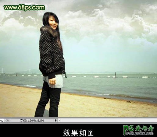 PS调色教程：给海景美女照片调出柔美的淡绿色